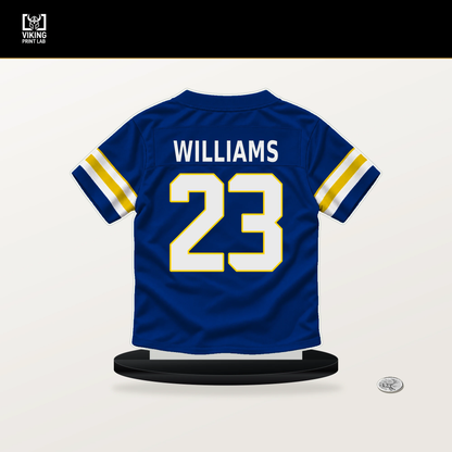 Kyren Williams number 23 Los Angeles Rams jersey stand with included black base.