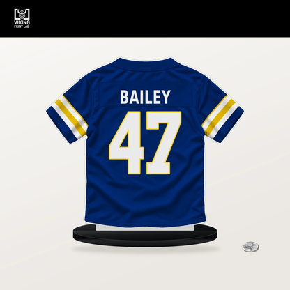 Wesley Bailey number 47 Los Angeles Rams jersey stand with included black base.