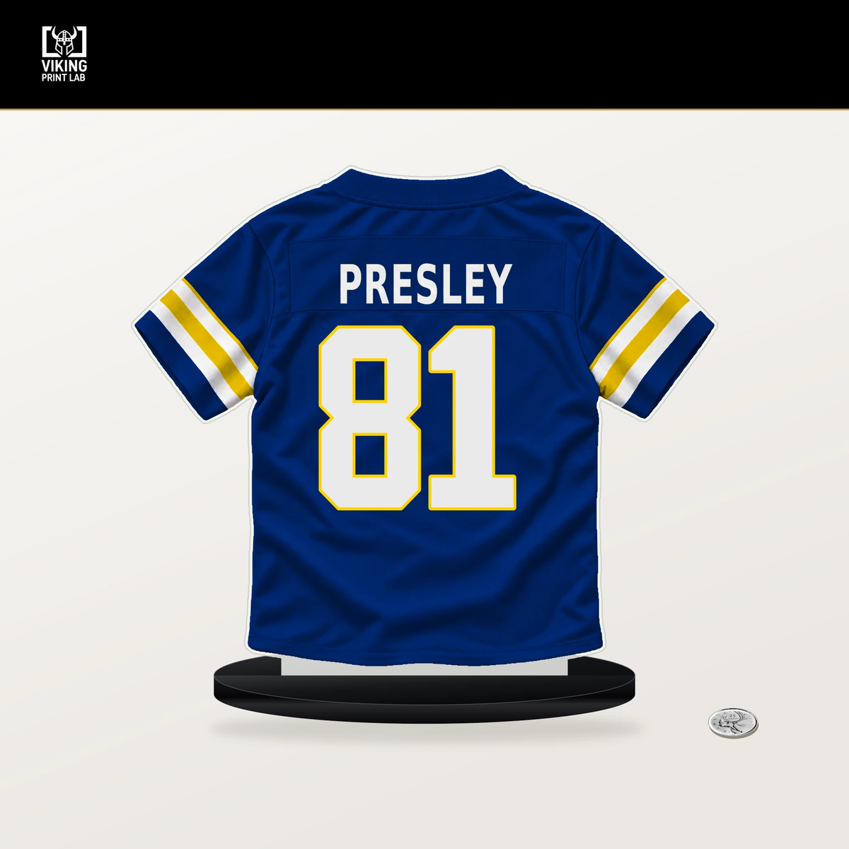 Brennan Presley number 81 Los Angeles Rams jersey stand with included black base.
