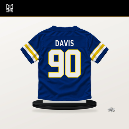 Tyler Davis number 90 Los Angeles Rams jersey stand with included black base.