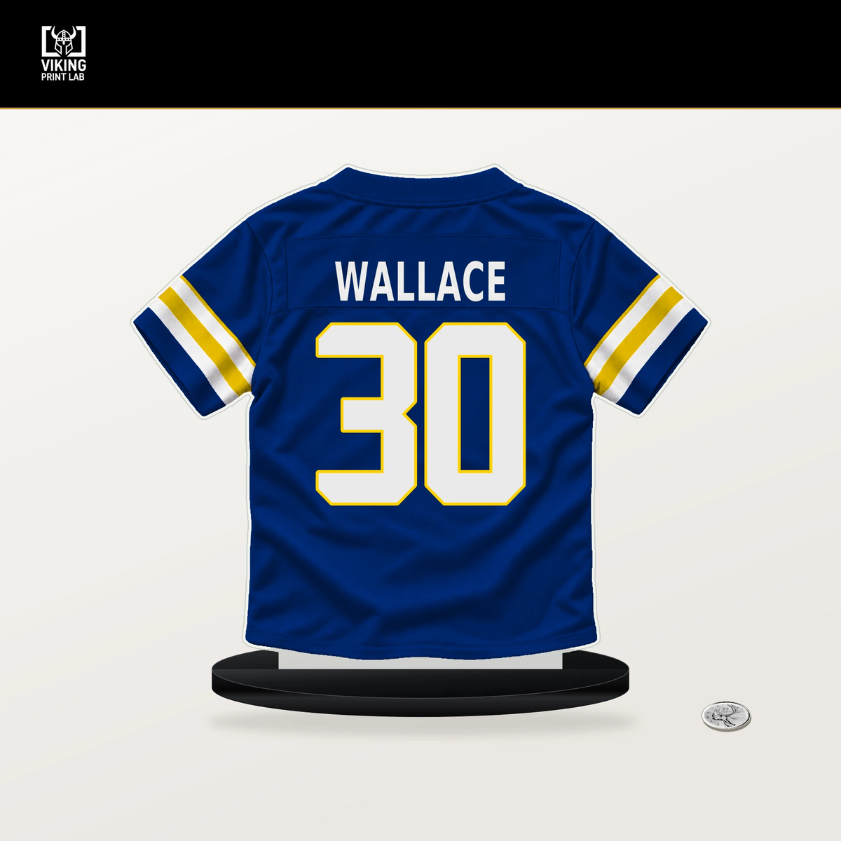 Josh Wallace number 30 Los Angeles Rams jersey stand with included black base.