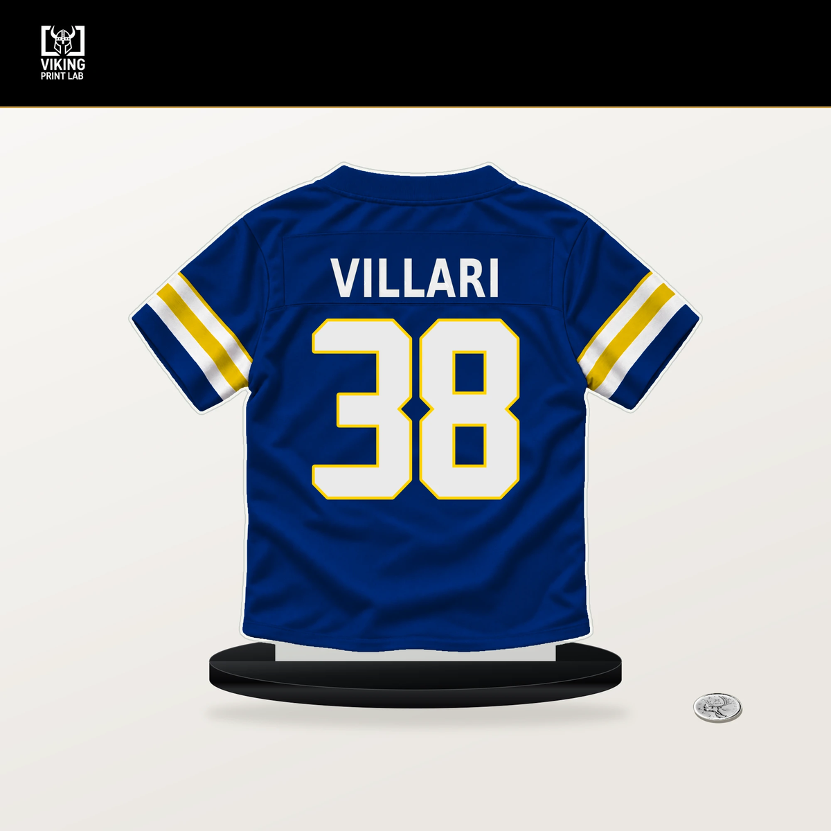 Dan Villari number 38 Los Angeles Rams jersey stand with included black base.