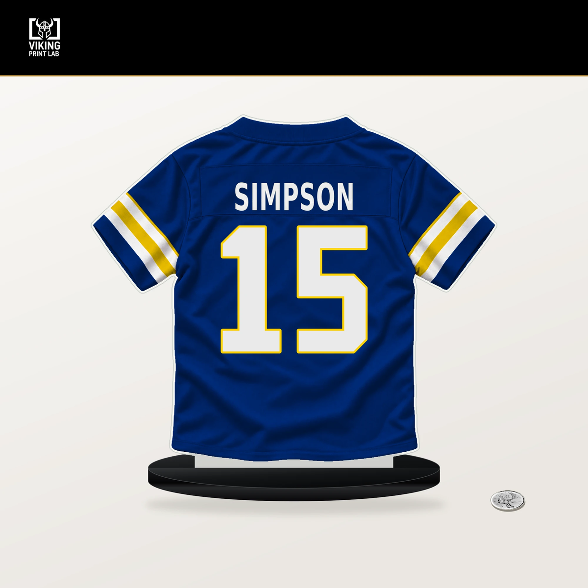 Ty Simpson number 15 Los Angeles Rams jersey stand with included black base.