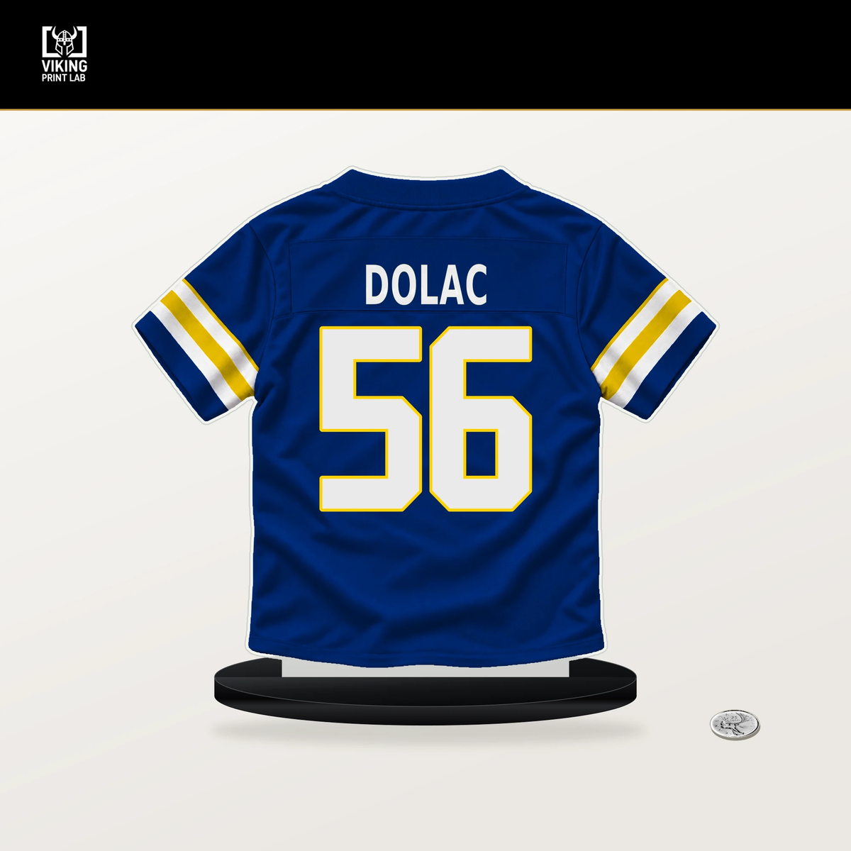 Shaun Dolac number 56 Los Angeles Rams jersey stand with included black base.