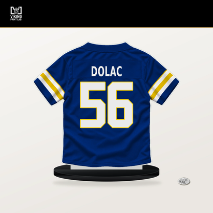 Shaun Dolac number 56 Los Angeles Rams jersey stand with included black base.