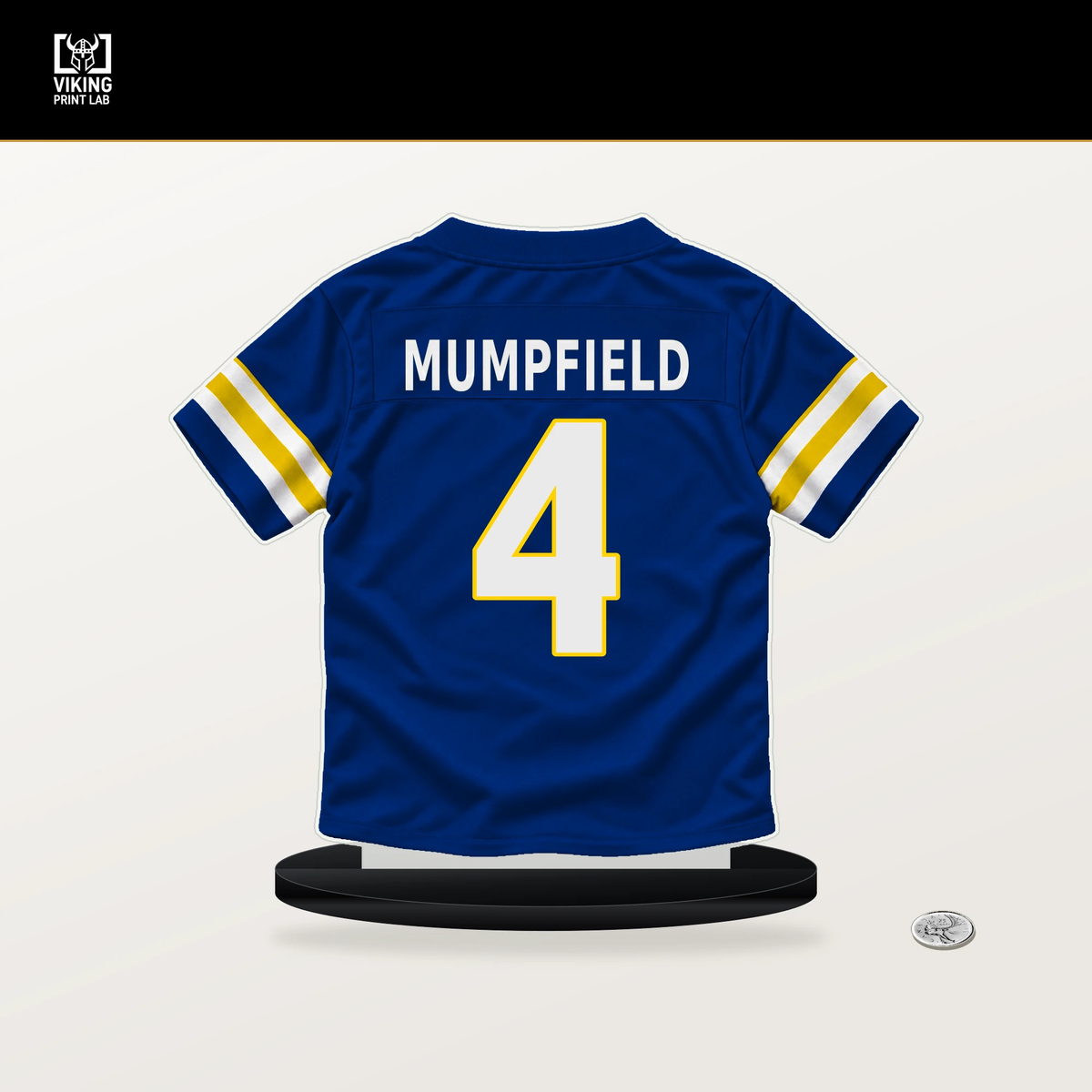 Konata Mumpfield number 4 Los Angeles Rams jersey stand with included black base.