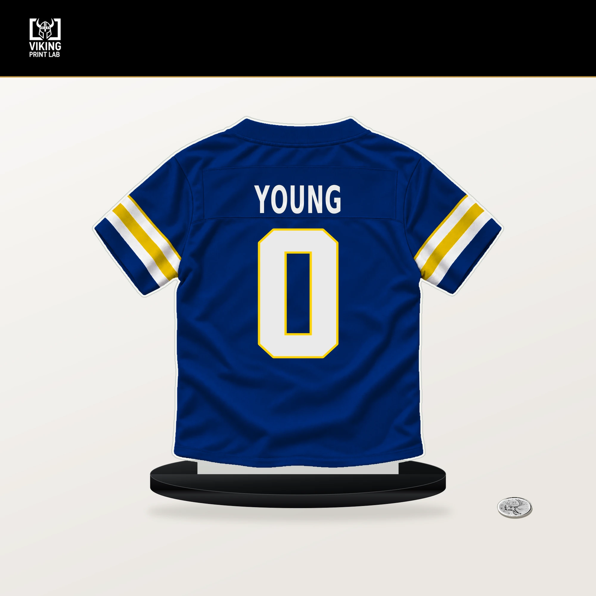 Byron Young number 0 Los Angeles Rams jersey stand with included black base.