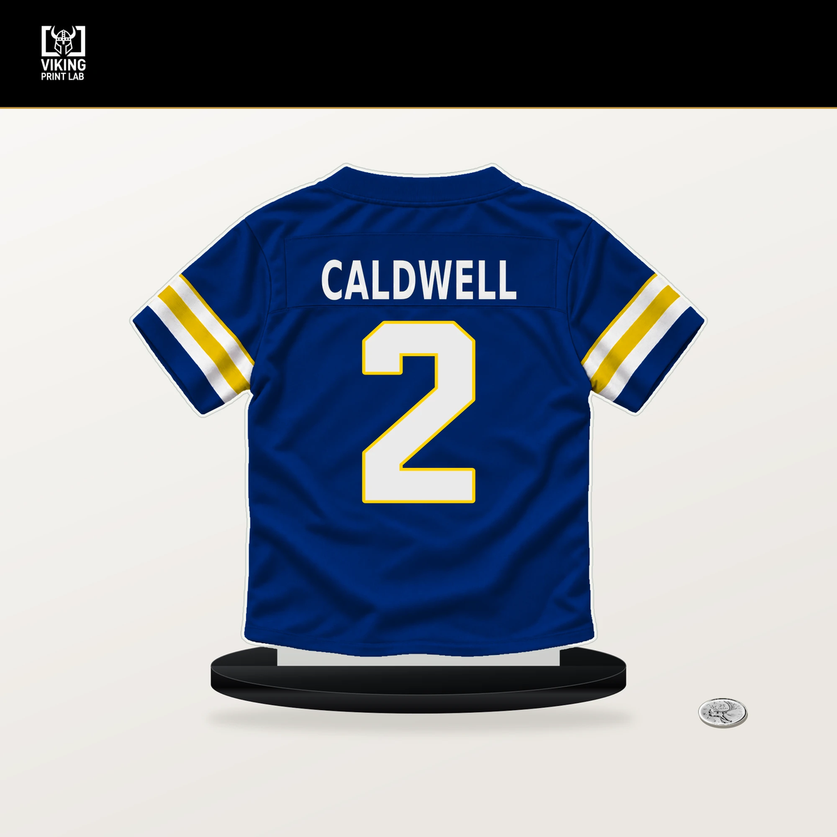 Matthew Caldwell number 2 Los Angeles Rams jersey stand with included black base.