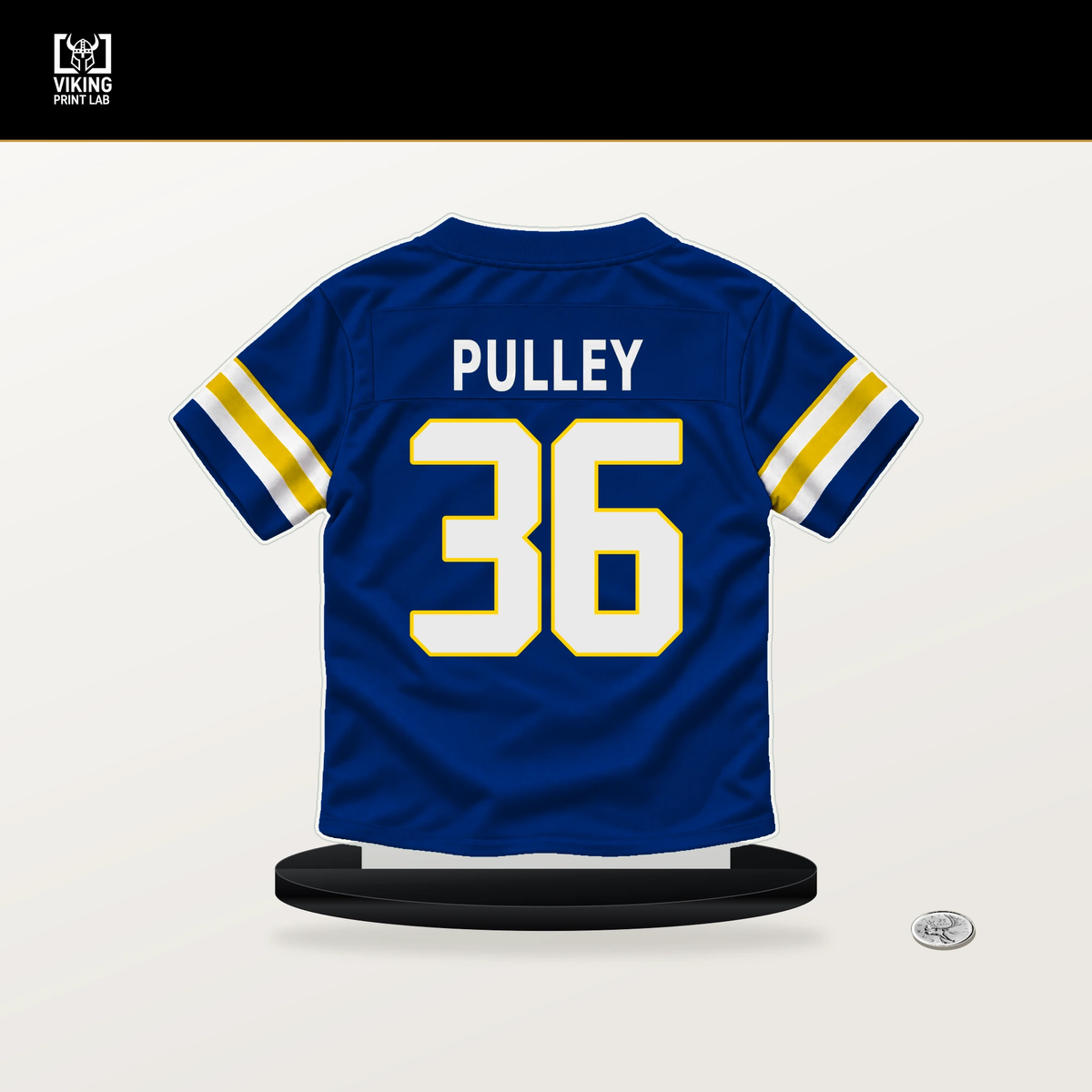 Maximus Pulley number 36 Los Angeles Rams jersey stand with included black base.