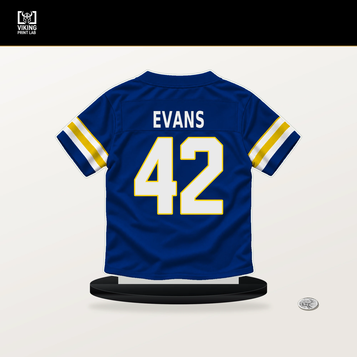 Ethan Evans number 42 Los Angeles Rams jersey stand with included black base.