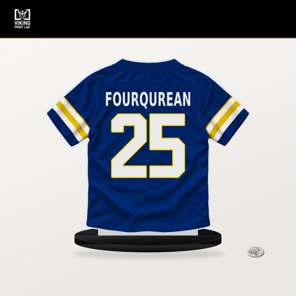 Nyzier Fourqurean number 25 Los Angeles Rams jersey stand with included black base.
