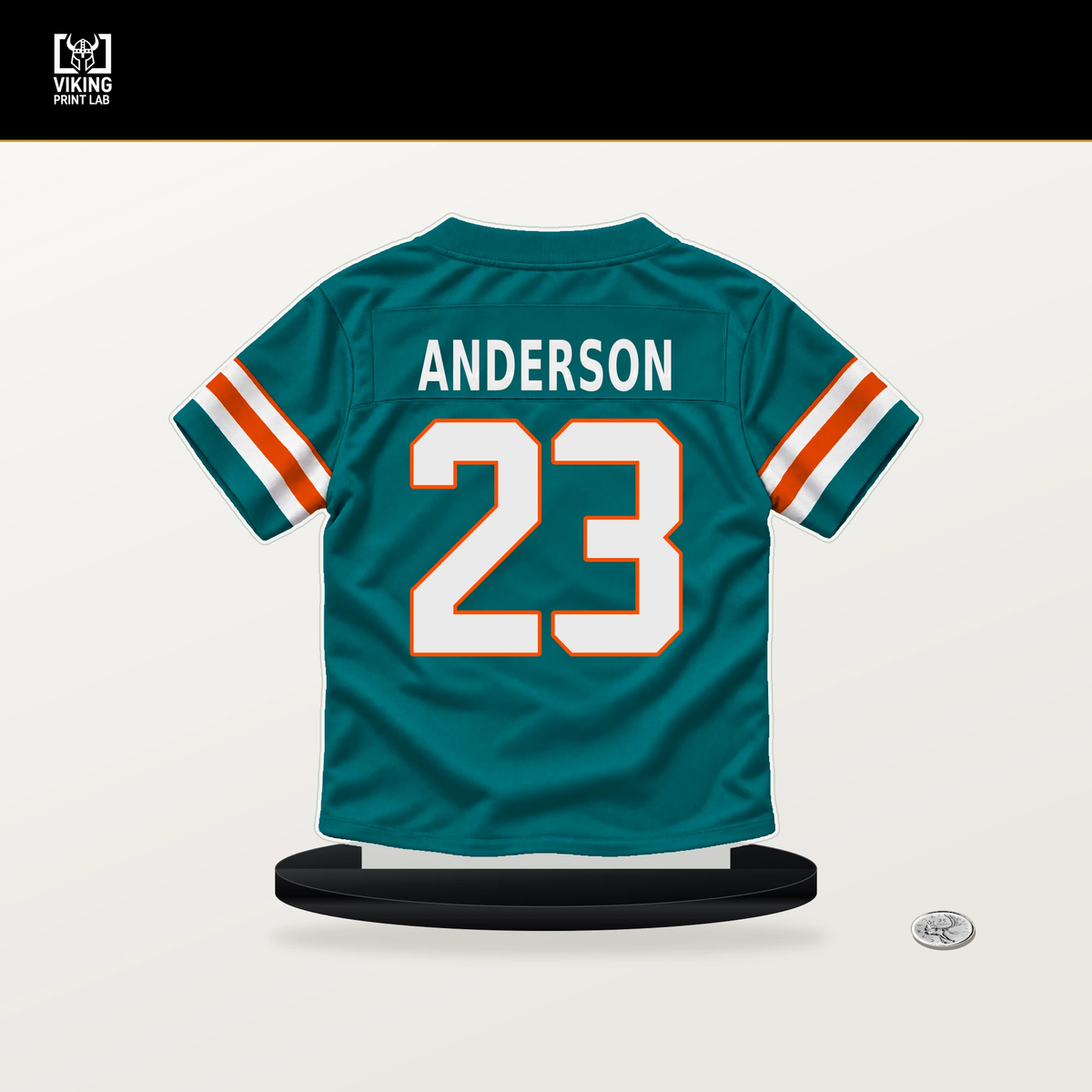 Zayne Anderson number 23 Miami Dolphins jersey stand with included black base.