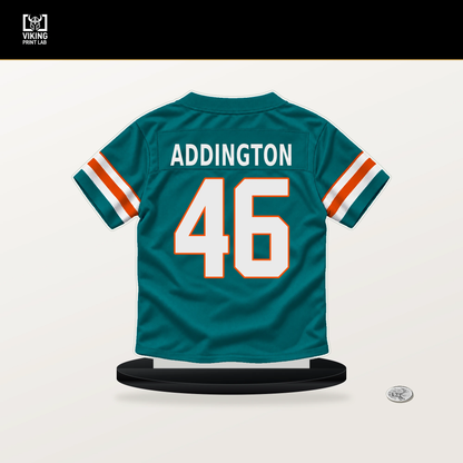 Tucker Addington number 46 Miami Dolphins jersey stand with included black base.