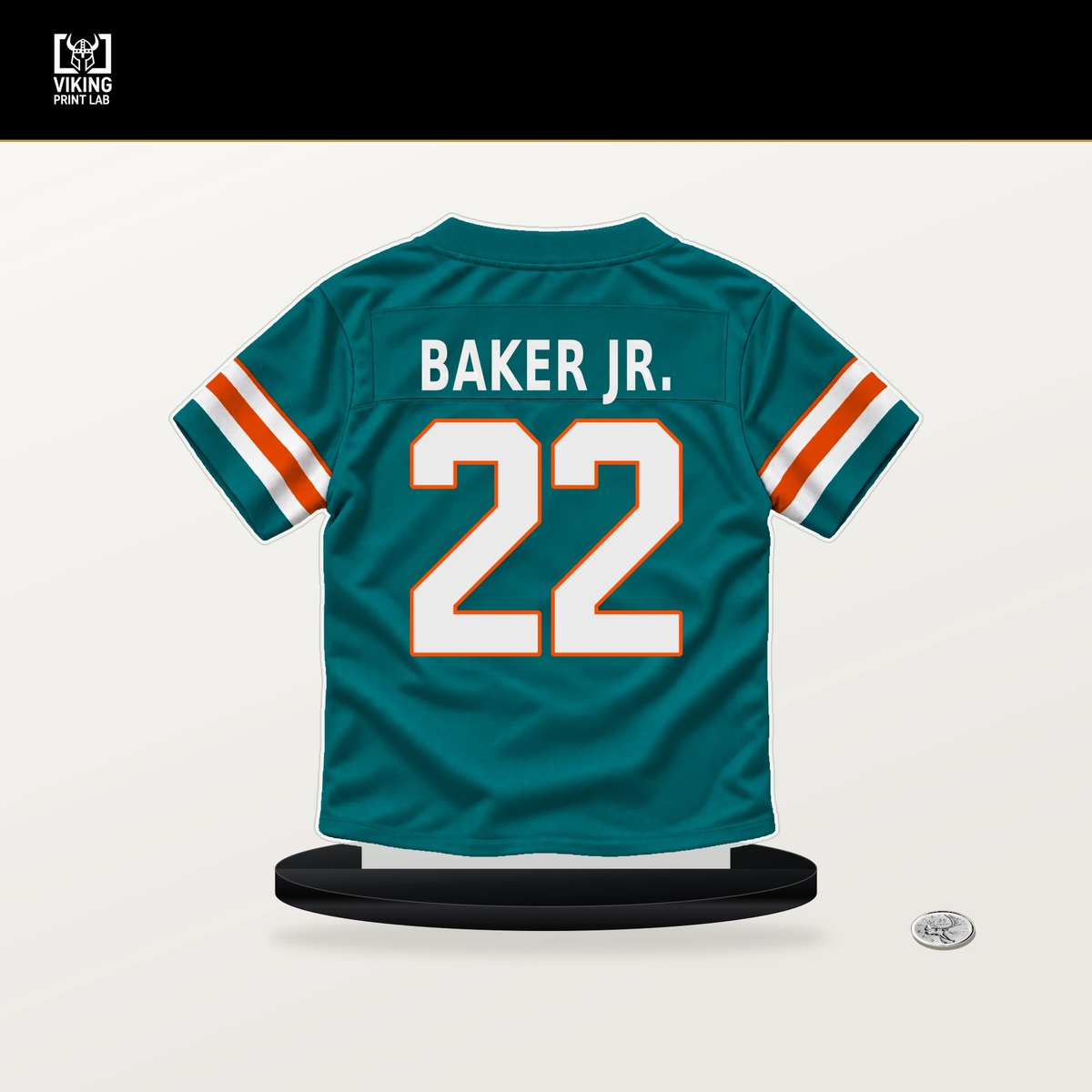 Darrell Baker Jr. number 22 Miami Dolphins jersey stand with included black base.