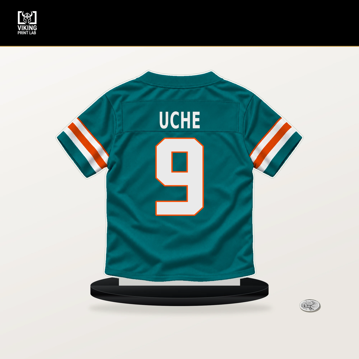 Josh Uche number 9 Miami Dolphins jersey stand with included black base.