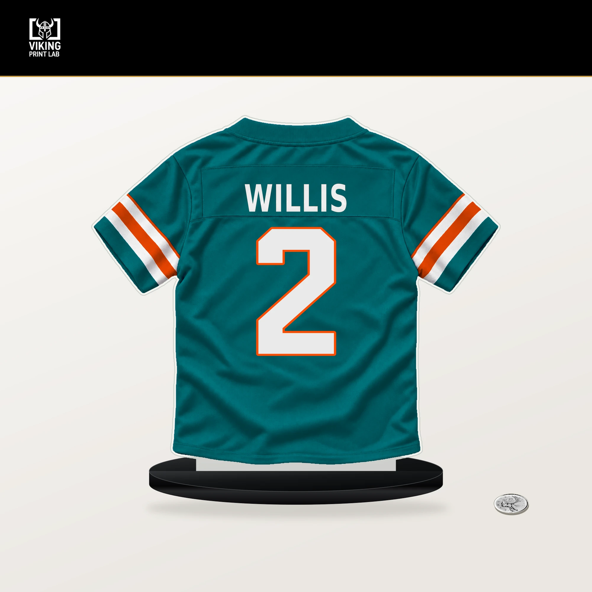 Malik Willis number 2 Miami Dolphins jersey stand with included black base.