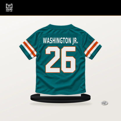 Carlos Washington Jr. number 26 Miami Dolphins jersey stand with included black base.