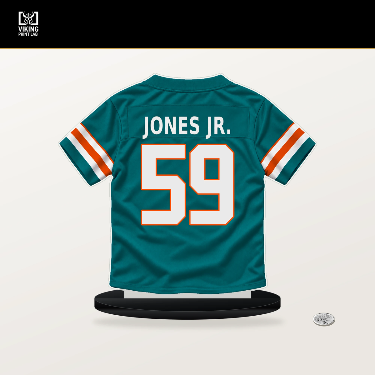Andre Jones Jr. number 59 Miami Dolphins jersey stand with included black base.