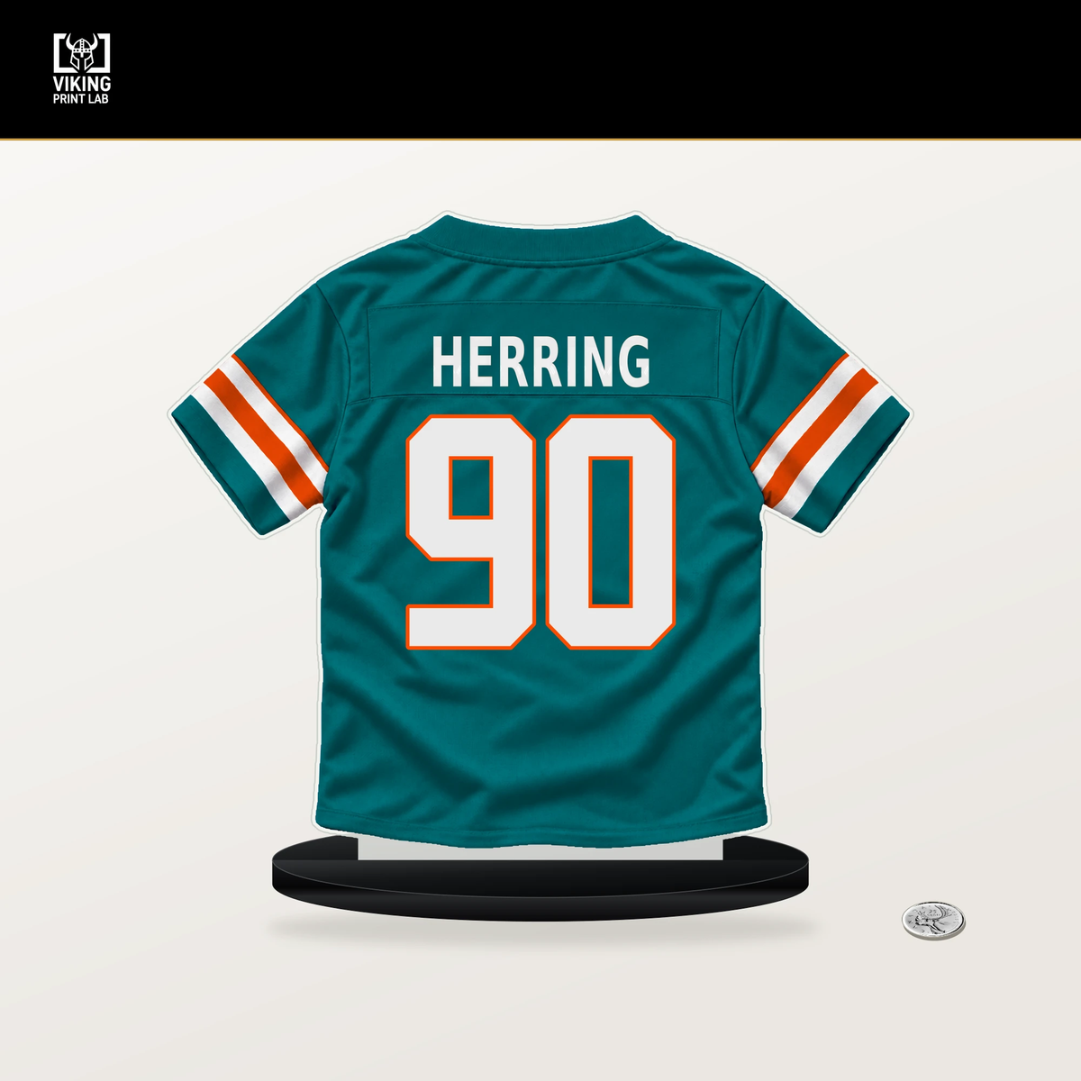Malik Herring number 90 Miami Dolphins jersey stand with included black base.