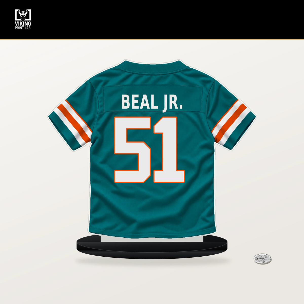 Robert Beal Jr. number 51 Miami Dolphins jersey stand with included black base.