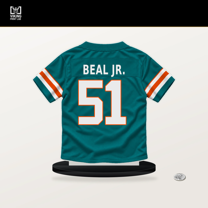Robert Beal Jr. number 51 Miami Dolphins jersey stand with included black base.