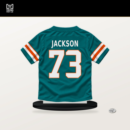 Austin Jackson number 73 Miami Dolphins jersey stand with included black base.
