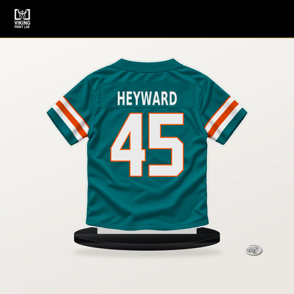 Shaka Heyward number 45 Miami Dolphins jersey stand with included black base.