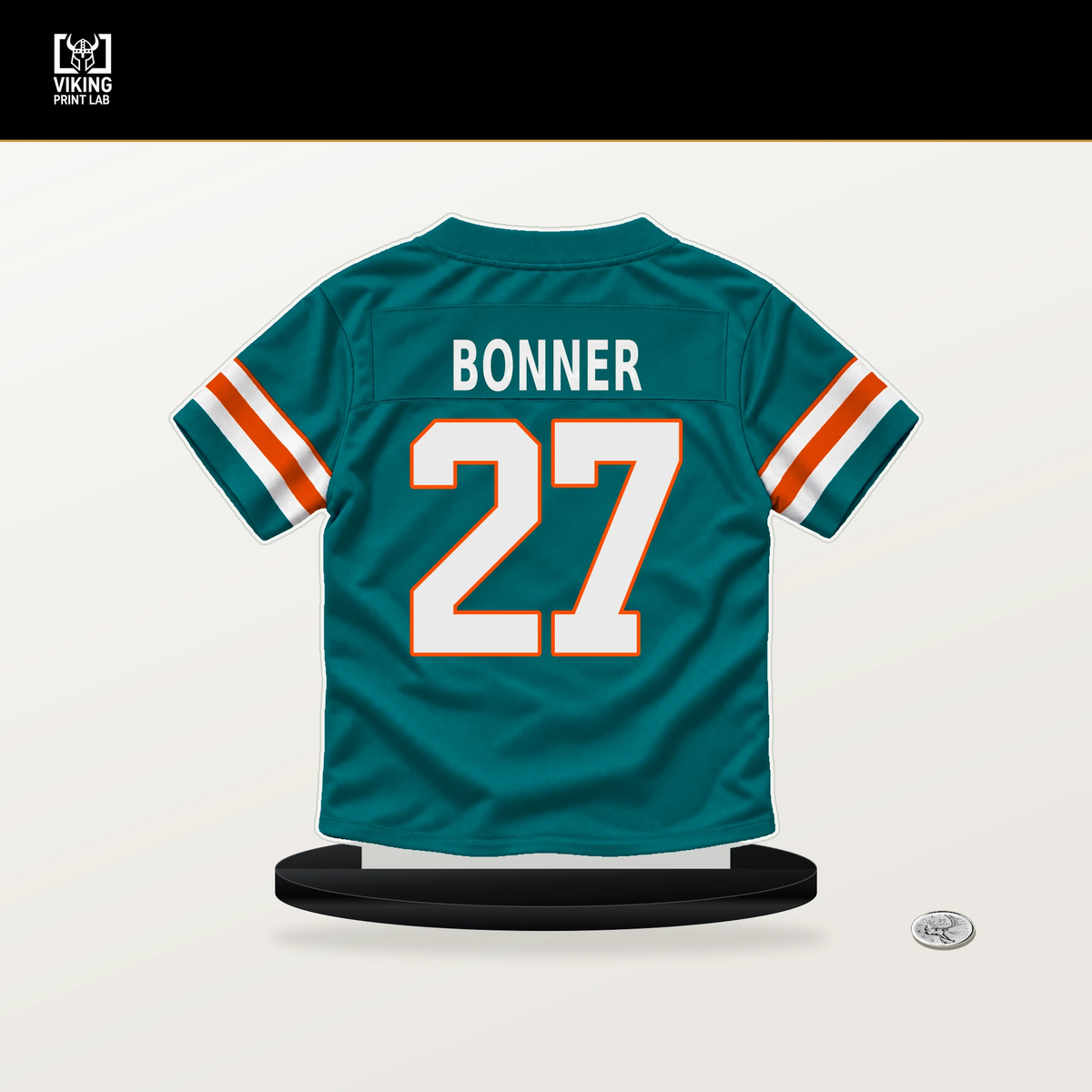 Ethan Bonner number 27 Miami Dolphins jersey stand with included black base.