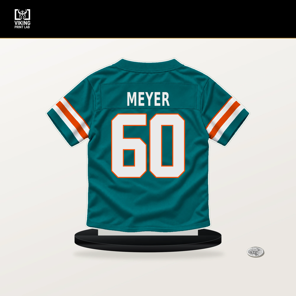 Andrew Meyer number 60 Miami Dolphins jersey stand with included black base.