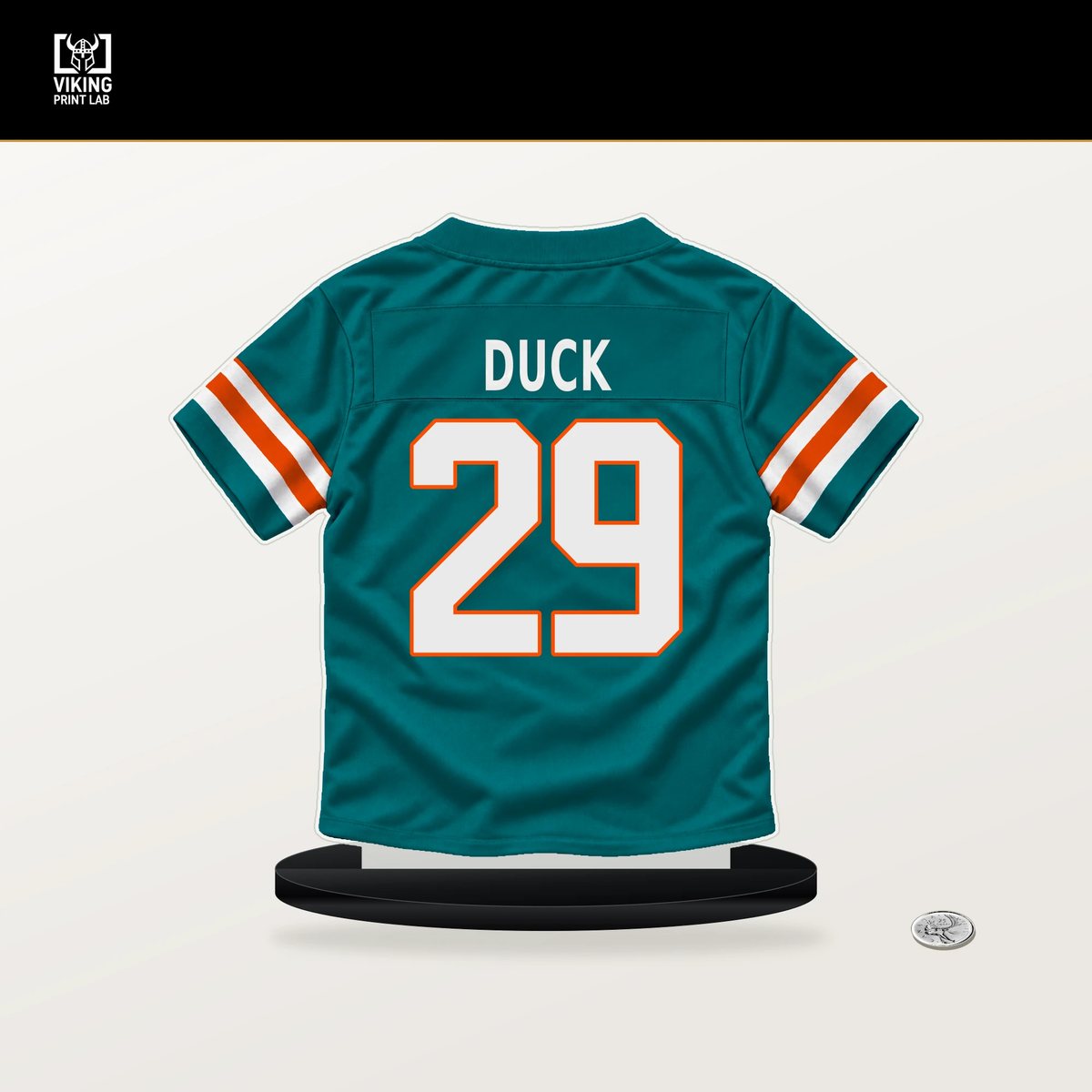 Storm Duck number 29 Miami Dolphins jersey stand with included black base.