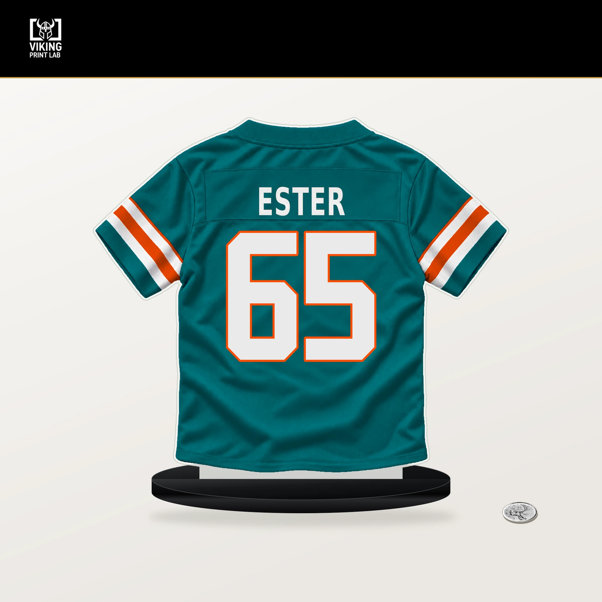 James Ester number 65 Miami Dolphins jersey stand with included black base.