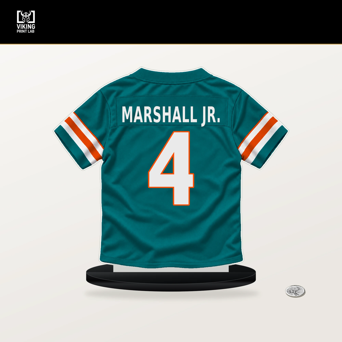 Jason Marshall Jr. number 4 Miami Dolphins jersey stand with included black base.