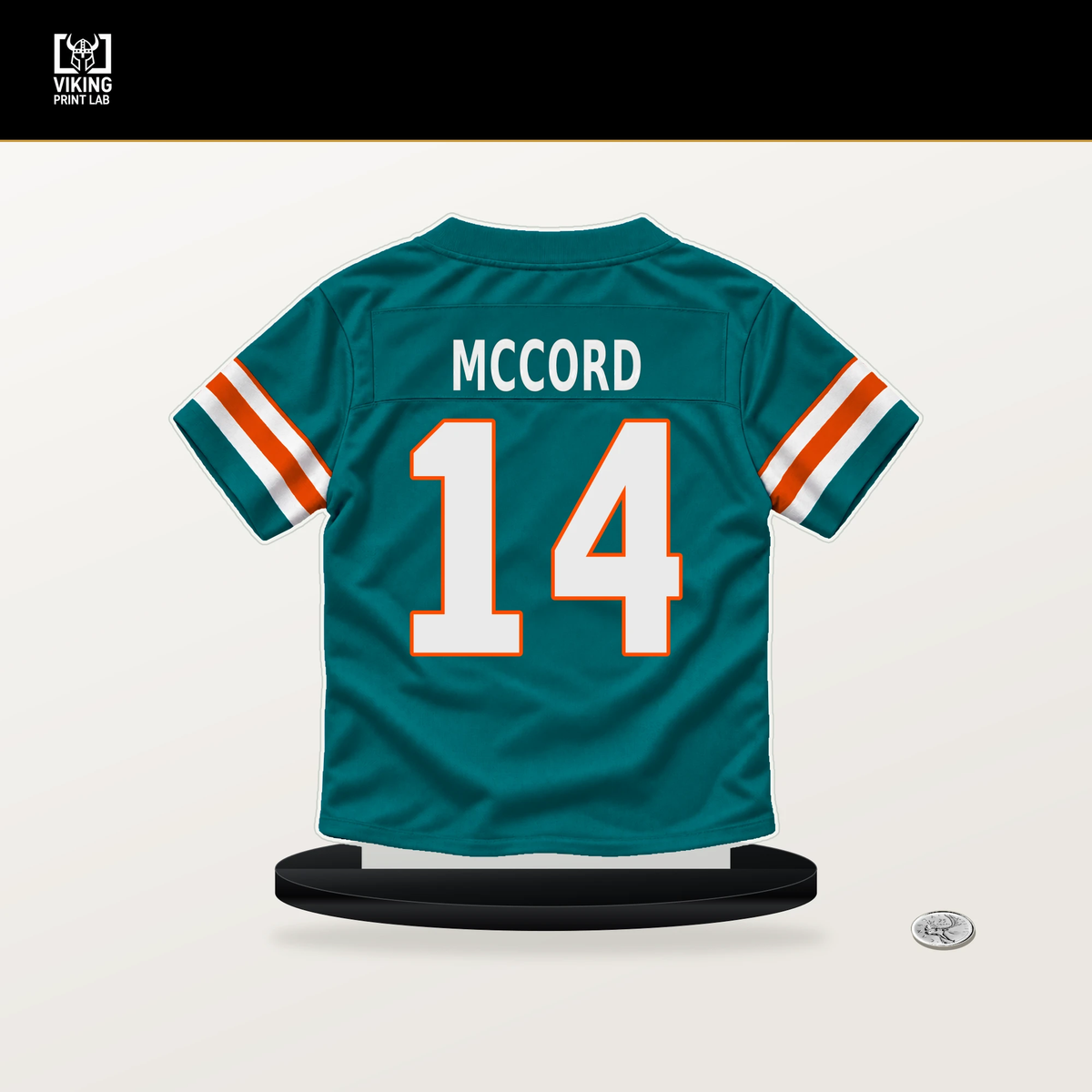 Kyle McCord number 14 Miami Dolphins jersey stand with included black base.