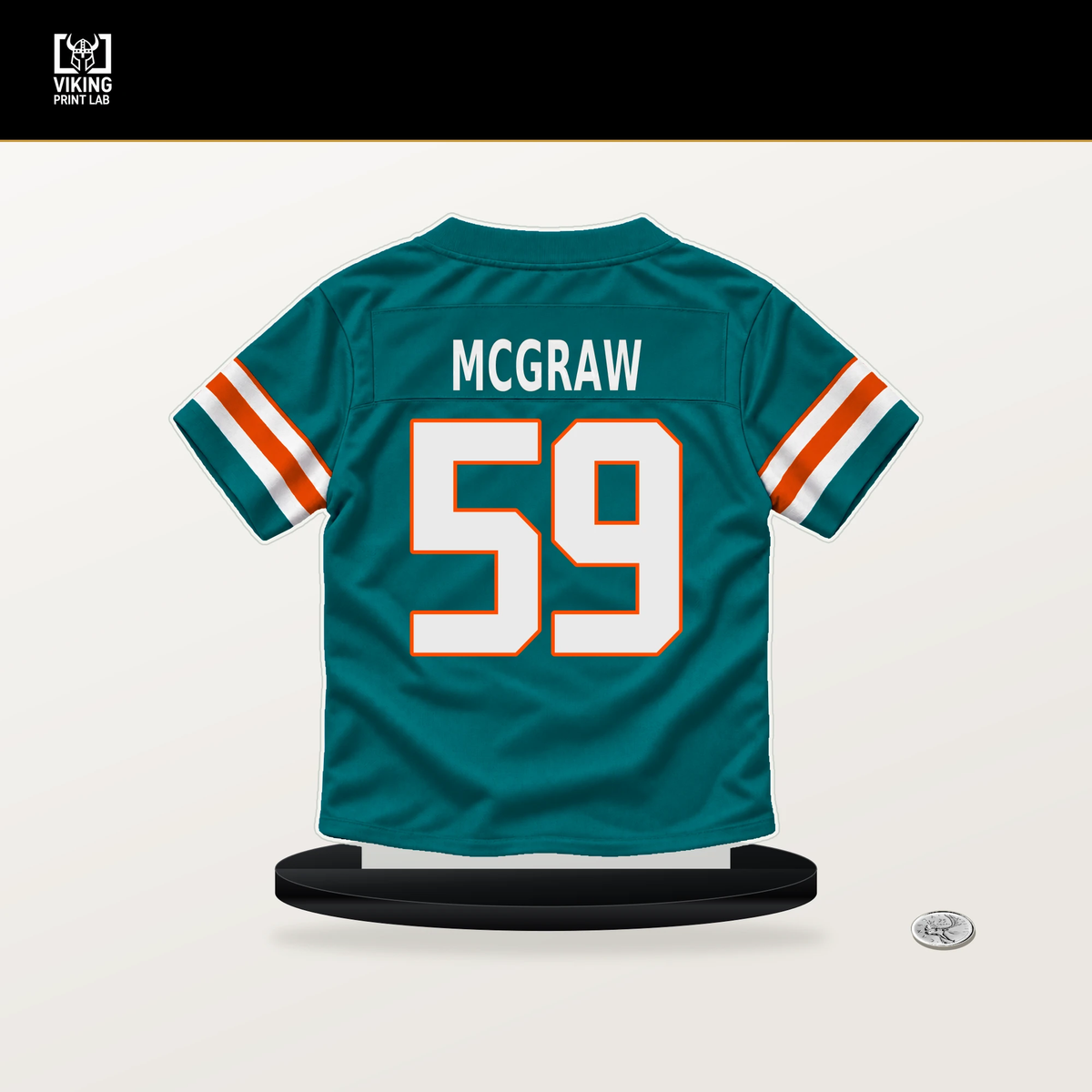 Rodney McGraw number 59 Miami Dolphins jersey stand with included black base.
