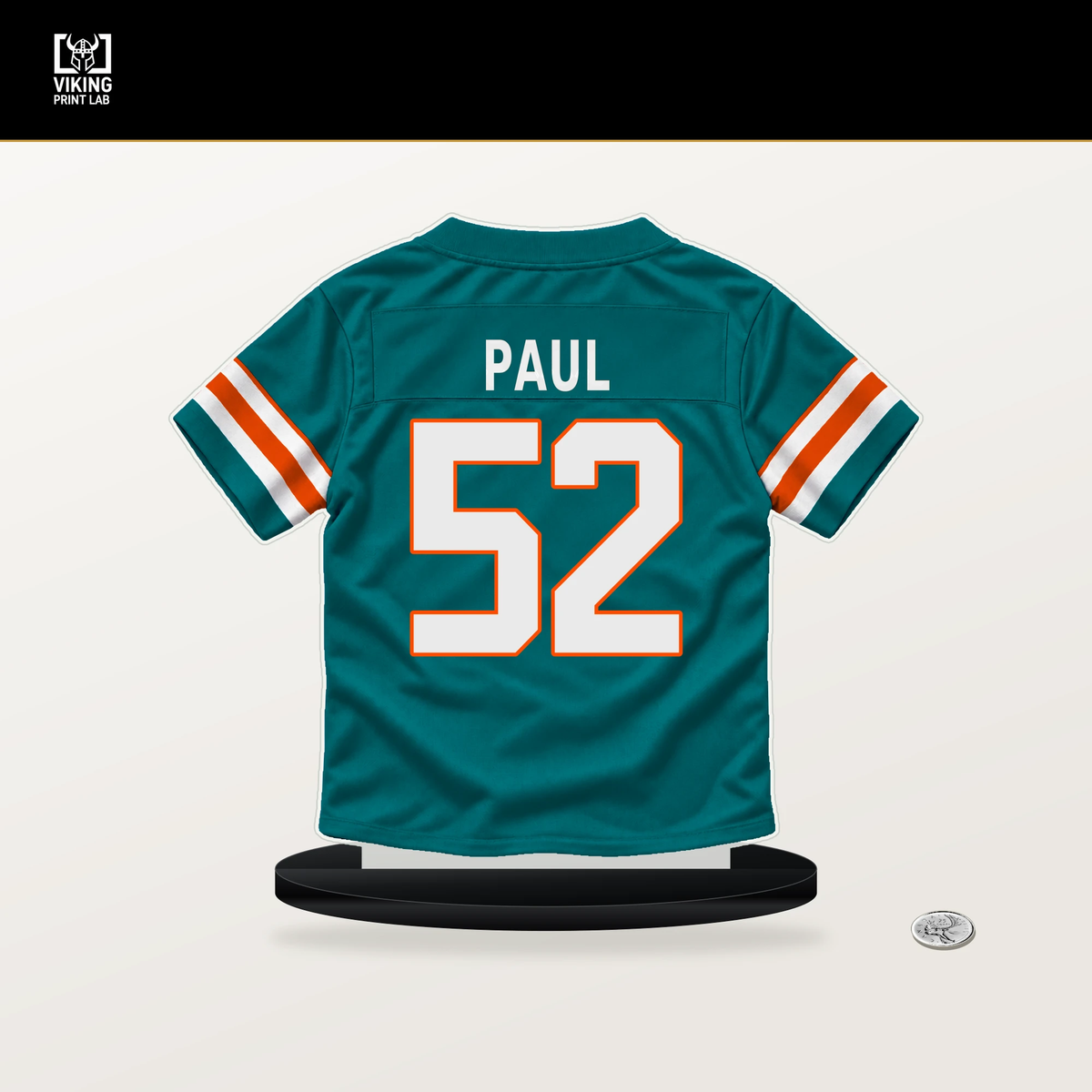 Patrick Paul number 52 Miami Dolphins jersey stand with included black base.