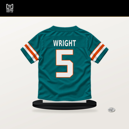 Jaylen Wright number 5 Miami Dolphins jersey stand with included black base.