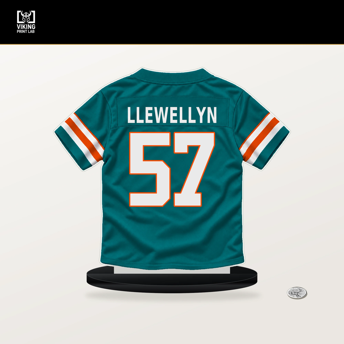 Max Llewellyn number 57 Miami Dolphins jersey stand with included black base.