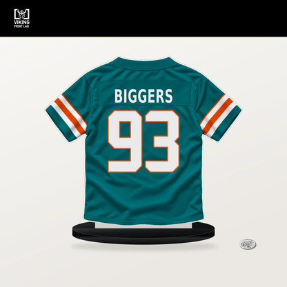 Zeek Biggers number 93 Miami Dolphins jersey stand with included black base.