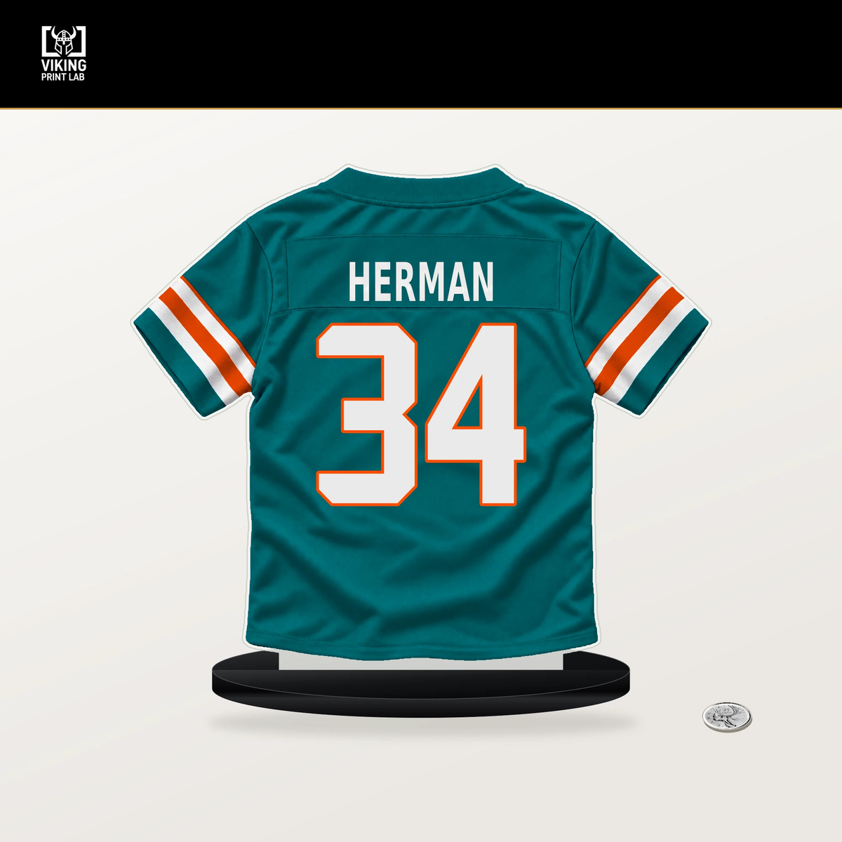 DJ Herman number 34 Miami Dolphins jersey stand with included black base.