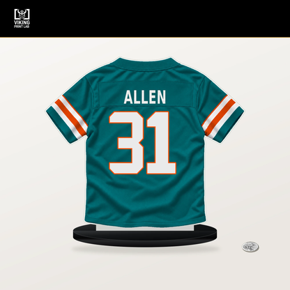 Kaytron Allen number 31 Miami Dolphins jersey stand with included black base.