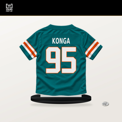 Rene Konga number 95 Miami Dolphins jersey stand with included black base.