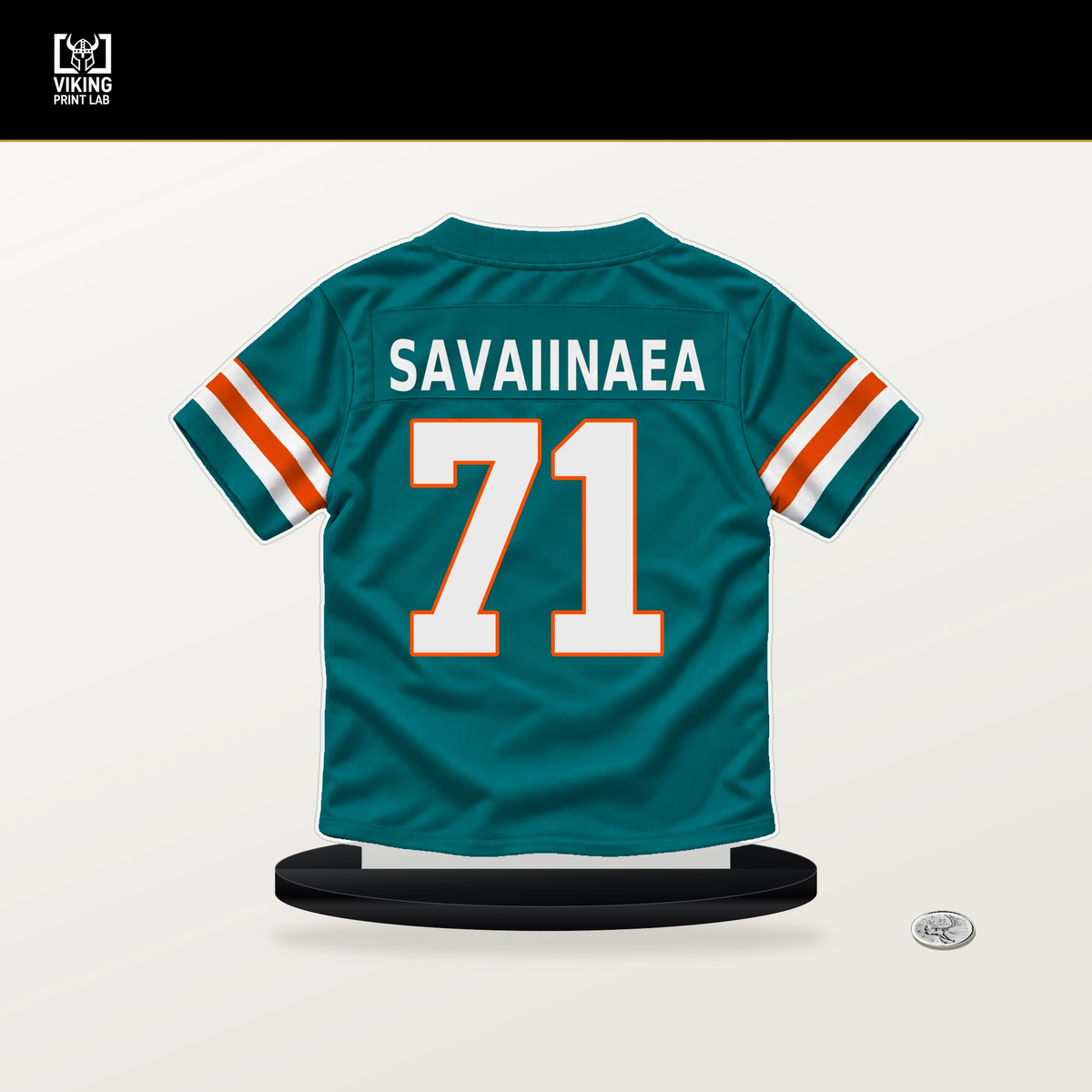 Jonah Savaiinaea number 71 Miami Dolphins jersey stand with included black base.