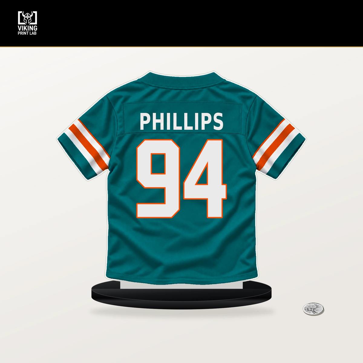 Jordan Phillips number 94 Miami Dolphins jersey stand with included black base.