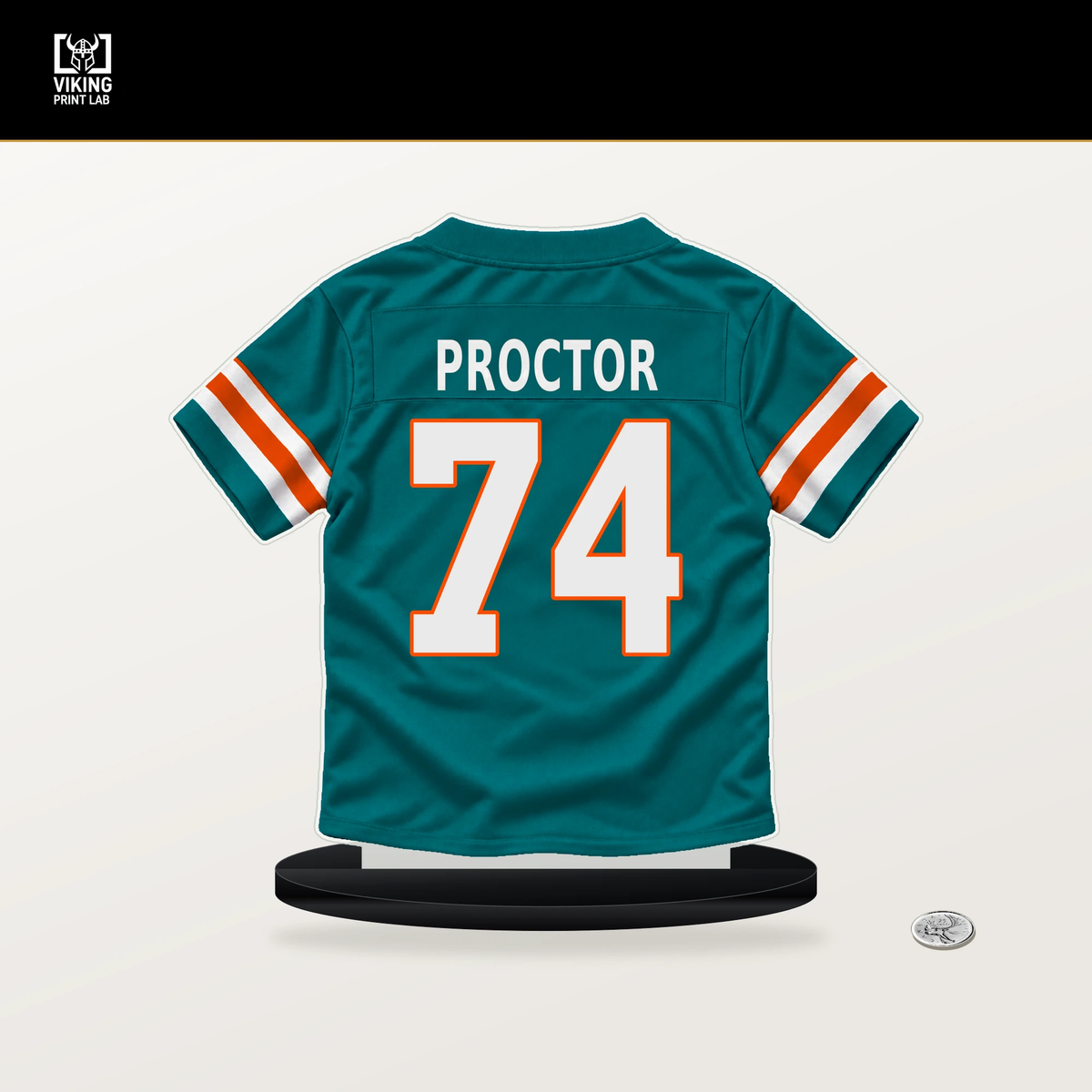 Kadyn Proctor number 74 Miami Dolphins jersey stand with included black base.