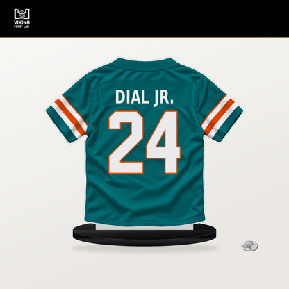 Marcellas Dial Jr. number 24 Miami Dolphins jersey stand with included black base.