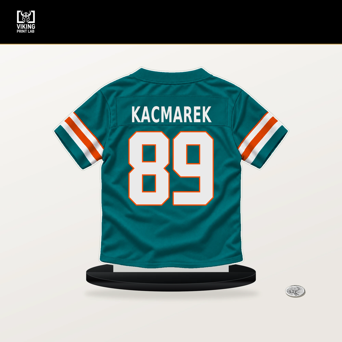 Will Kacmarek number 89 Miami Dolphins jersey stand with included black base.