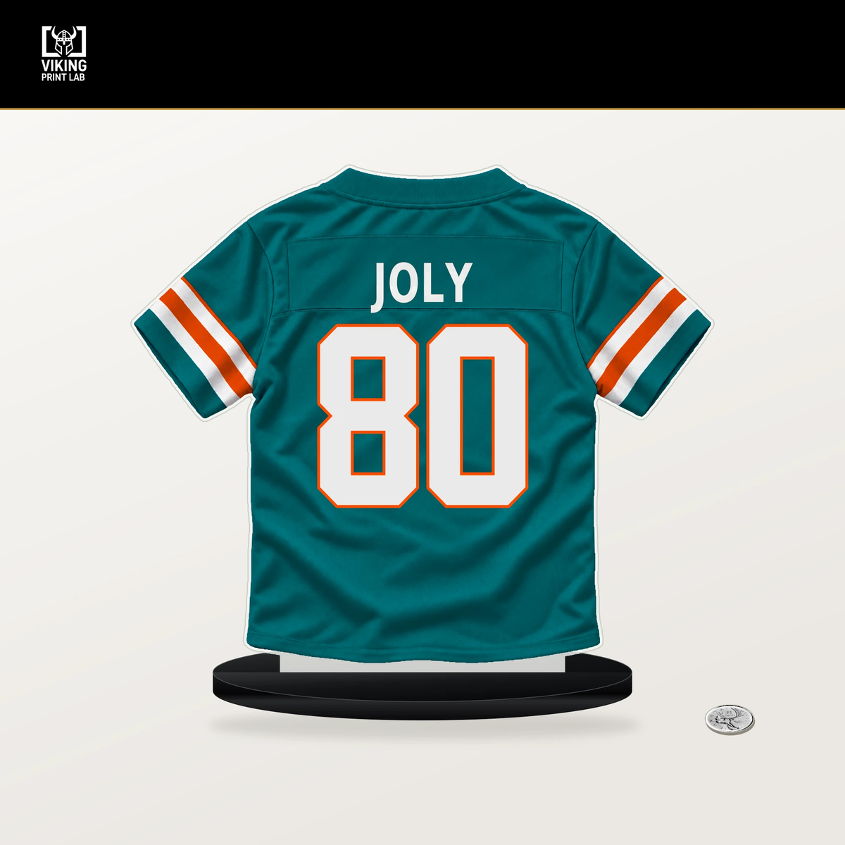Justin Joly number 80 Miami Dolphins jersey stand with included black base.