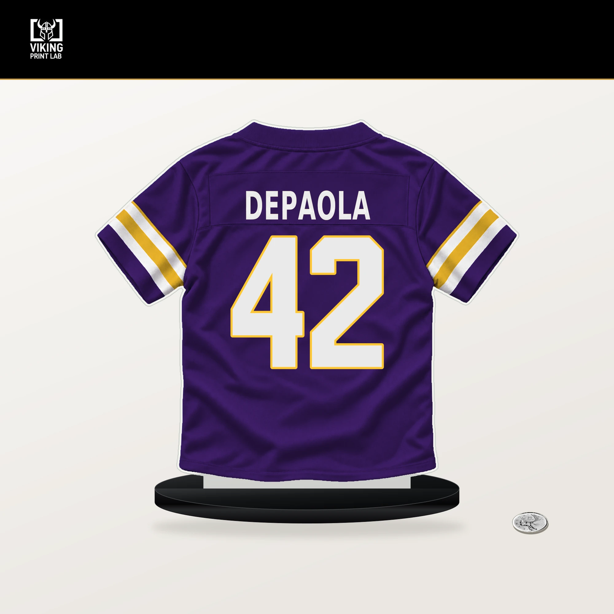 Andrew DePaola number 42 Minnesota Vikings jersey stand with included black base.
