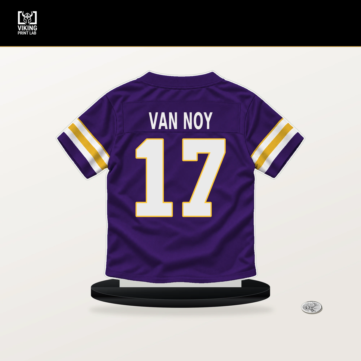 Kyle Van Noy number 17 Minnesota Vikings jersey stand with included black base.