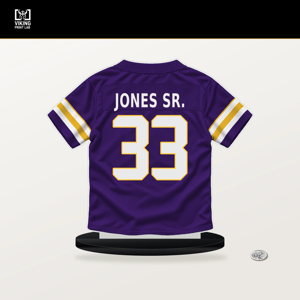 Aaron Jones Sr. number 33 Minnesota Vikings jersey stand with included black base.